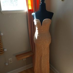 Sequin Gown Nude Champagne Stretchy Prom Strapless Sweetheart UK 8 Maxi